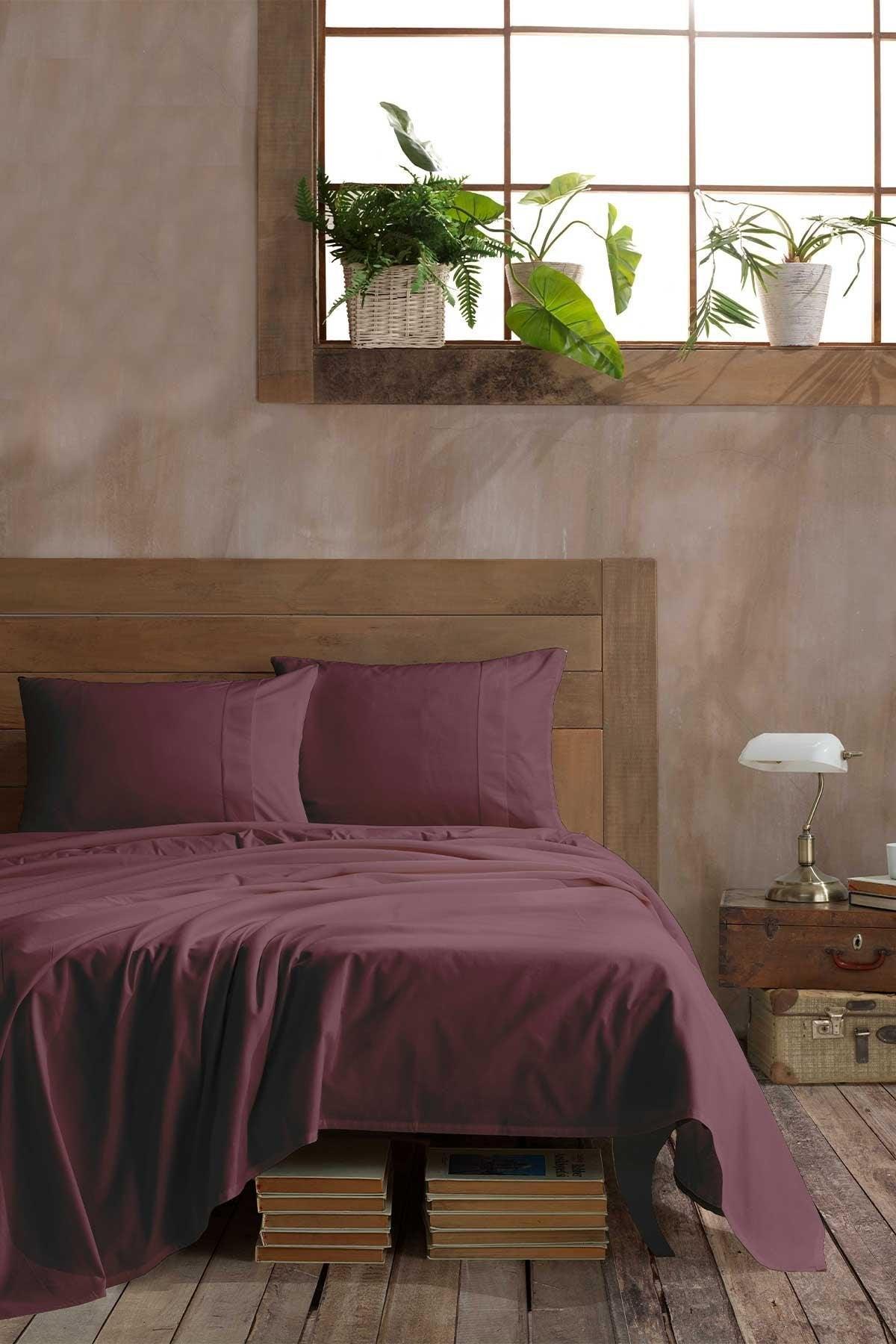 Ranforce Pamuk Çarşaf Seti Çift Kişilik %100 Doğal Pamuk 3 Parça Mürdüm - Elart Home