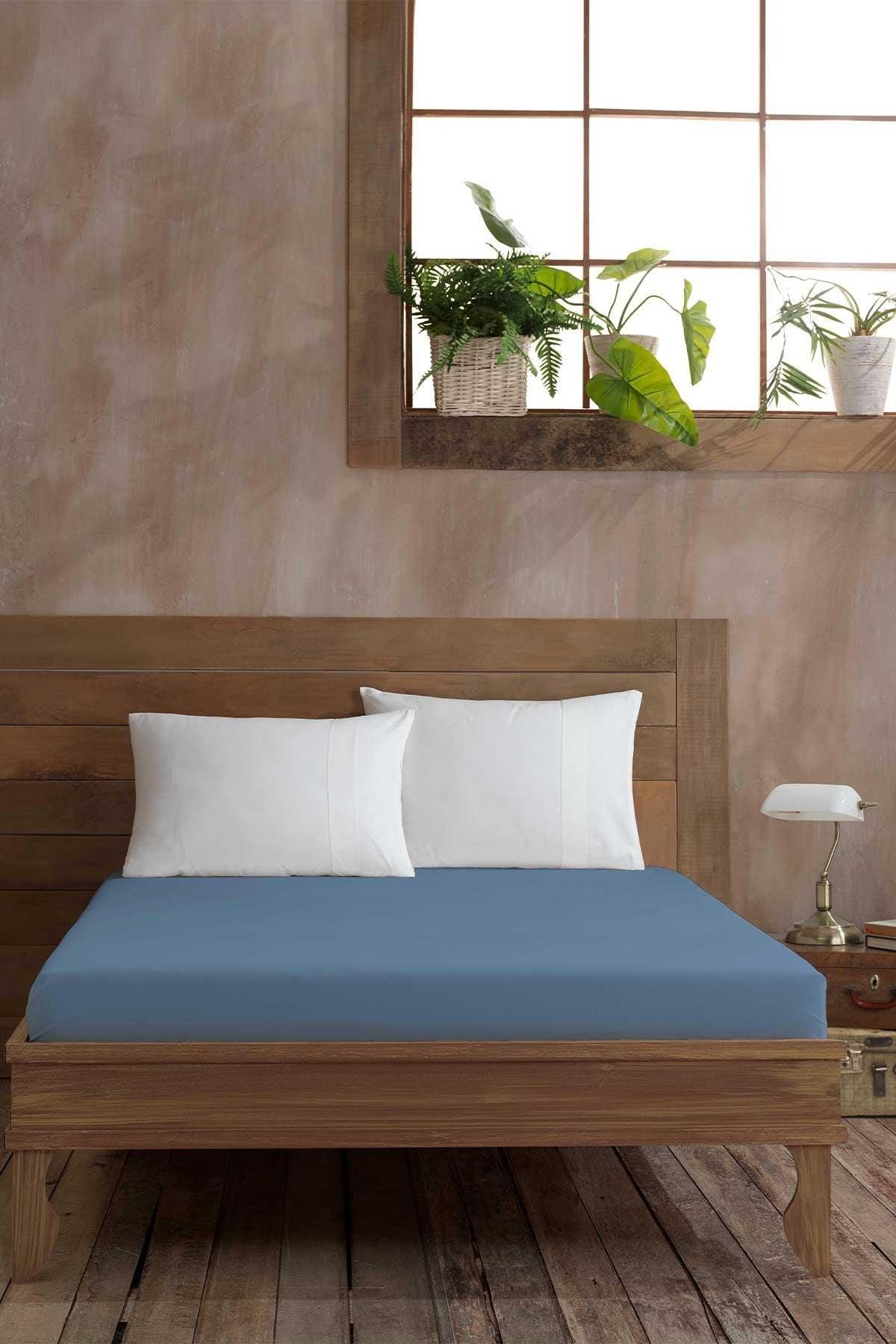 Ranforce Pamuk Fitted Çift Kişilik Çarşaf 160x200cm Mavi - Elart Home