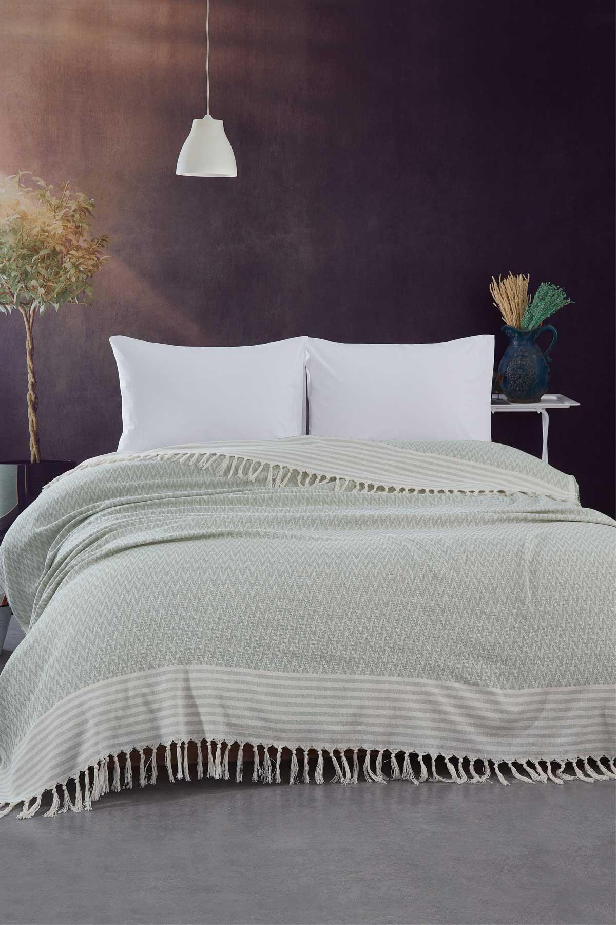 Saçaklı Pamuk Pike / Battal koltuk Örtüsü Elf Yeşil (200x235cm) - Elart Home