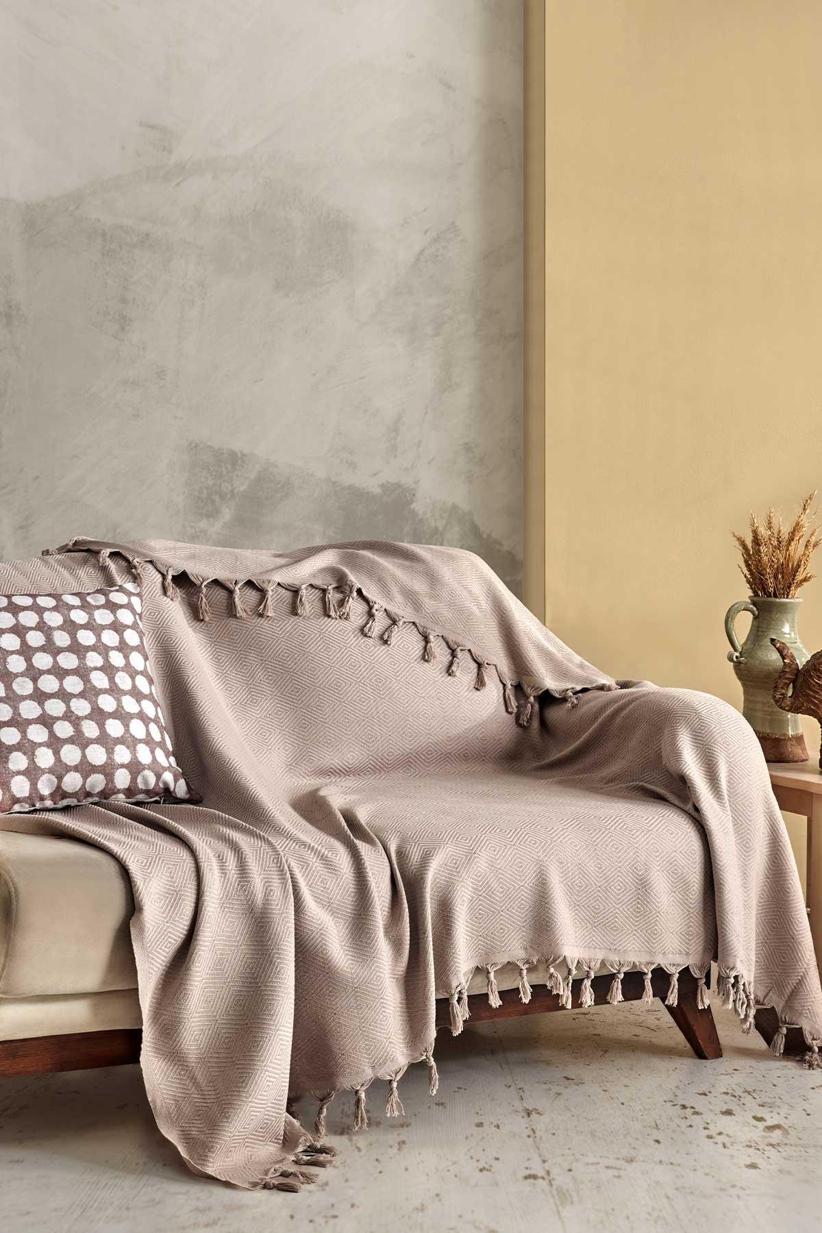 Saçaklı Pamuk Pike Çift Kişilik Loris Bej (200x230cm) - Elart Home