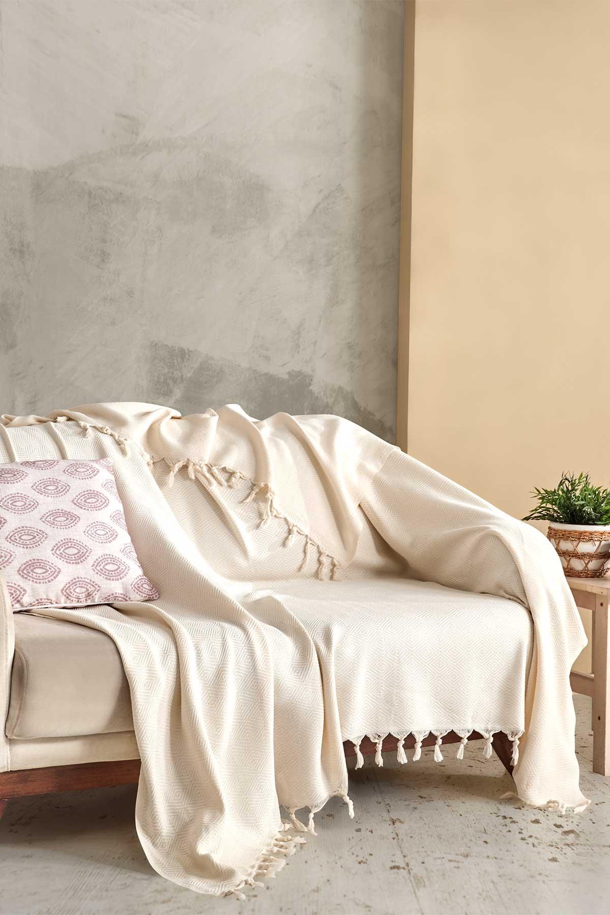 Saçaklı Pamuk Pike Çift Kişilik Loris Ekru (200x230cm) - Elart Home