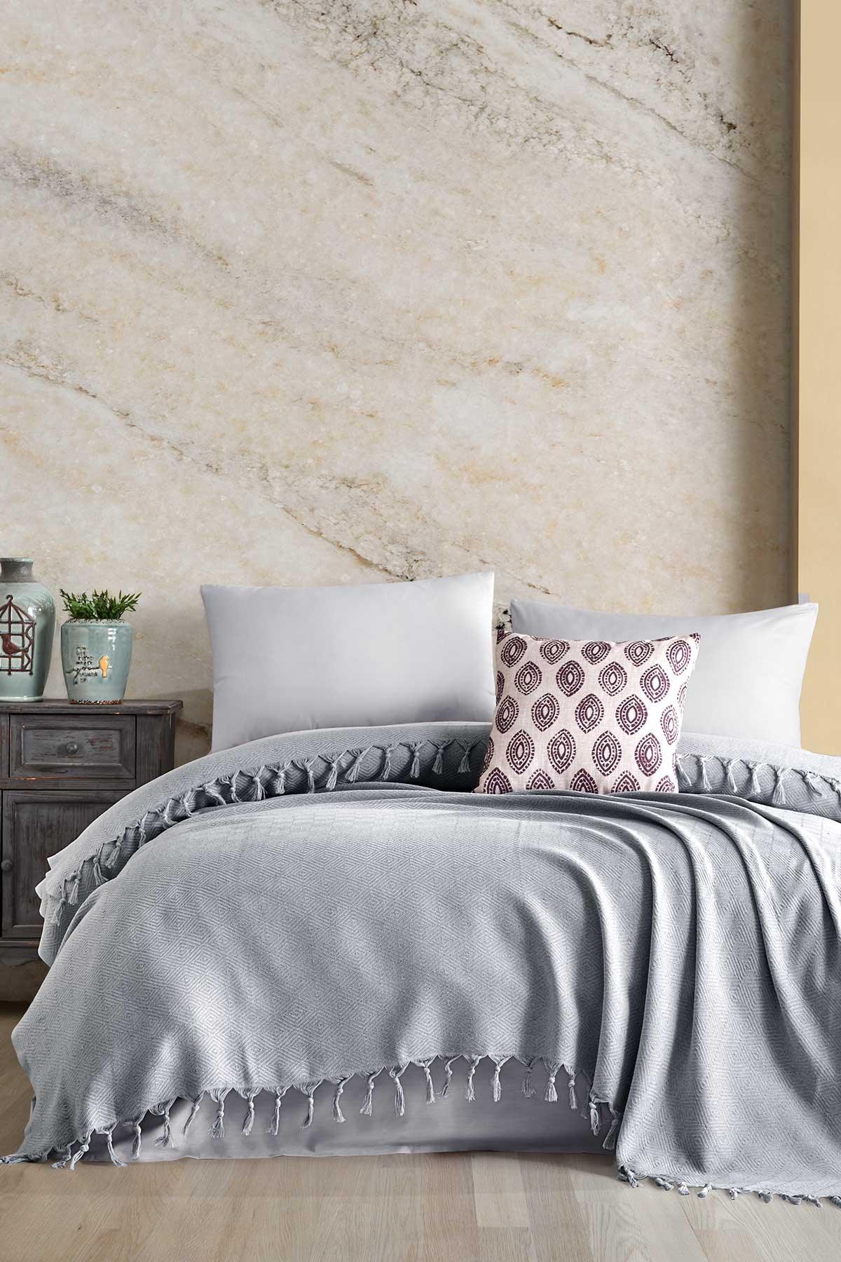 Saçaklı Pamuk Pike Çift Kişilik Loris Gri (200x230cm) - Elart Home