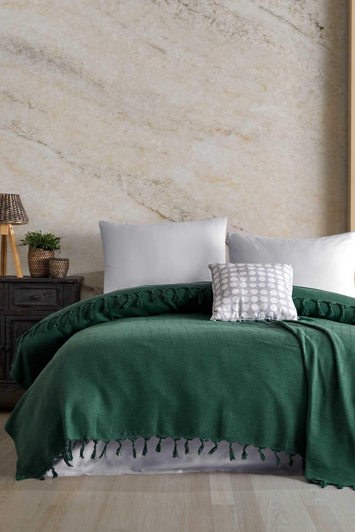 Saçaklı Pamuk Pike Çift Kişilik Loris Yeşil (200x230cm) - Elart Home