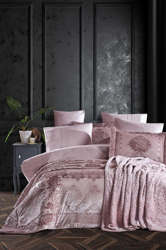 Yatak Örtüsü Seti Çift Kişilik Elyaf Dolgulu Pano Kadife Wedding Gülkurusu - Elart Home