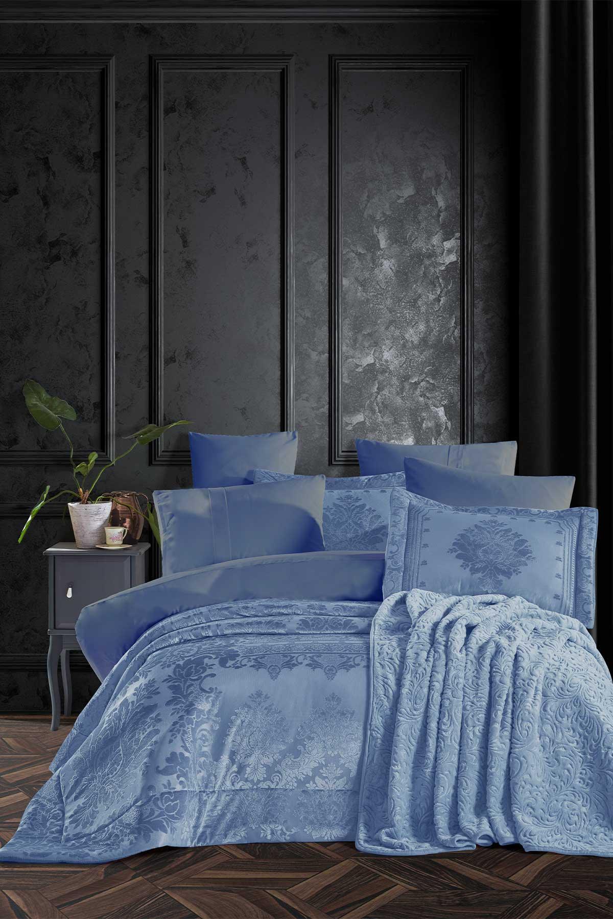 Yatak Örtüsü Seti Çift Kişilik Elyaf Dolgulu Pano Kadife Wedding Mavi - Elart Home