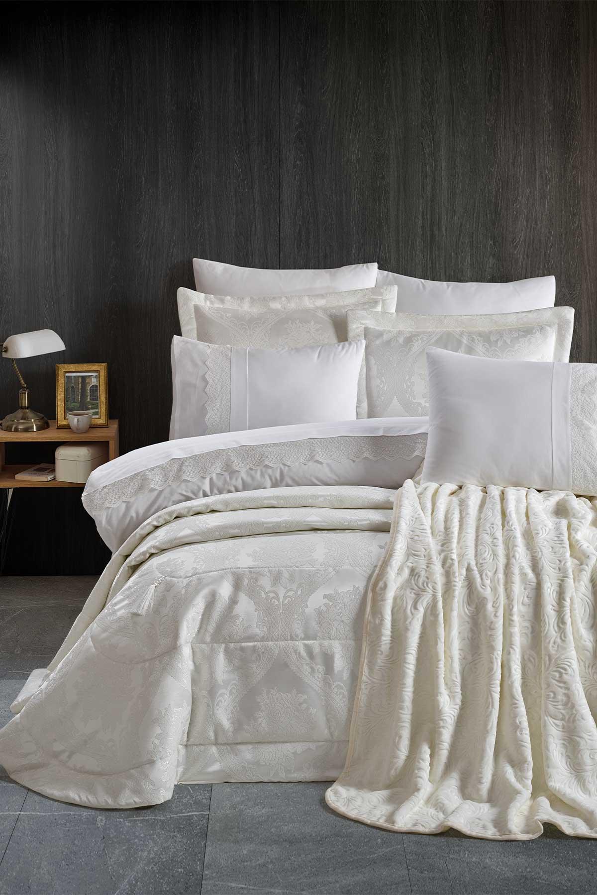 Yatak Örtüsü Takımı Çift Kişilik Elyaf Dolgulu Şönil Kumaş Bronze Beyaz - Elart Home
