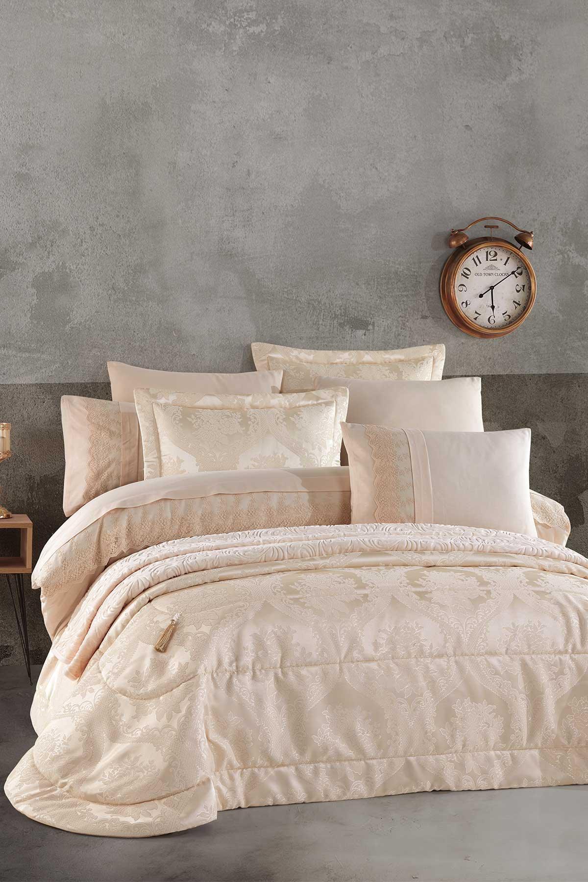 Yatak Örtüsü Takımı Çift Kişilik Elyaf Dolgulu Şönil Kumaş Bronze Cappuccino - Elart Home