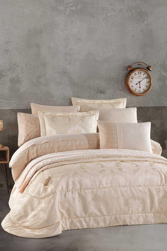 Yatak Örtüsü Takımı Çift Kişilik Elyaf Dolgulu Şönil Kumaş Bronze Cappuccino - Elart Home
