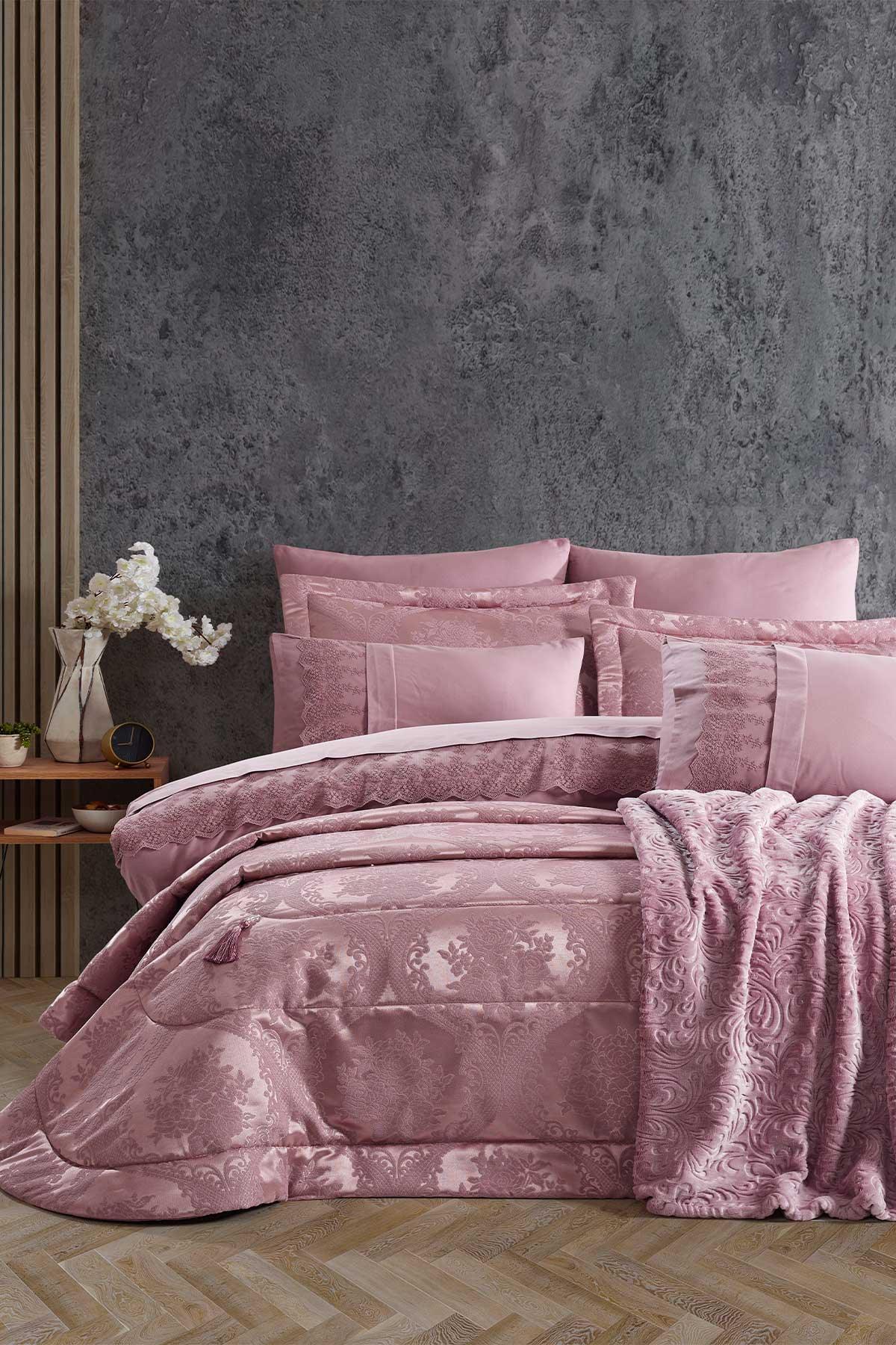 Yatak Örtüsü Takımı Çift Kişilik Elyaf Dolgulu Şönil Kumaş Bronze Gülkurusu - Elart Home