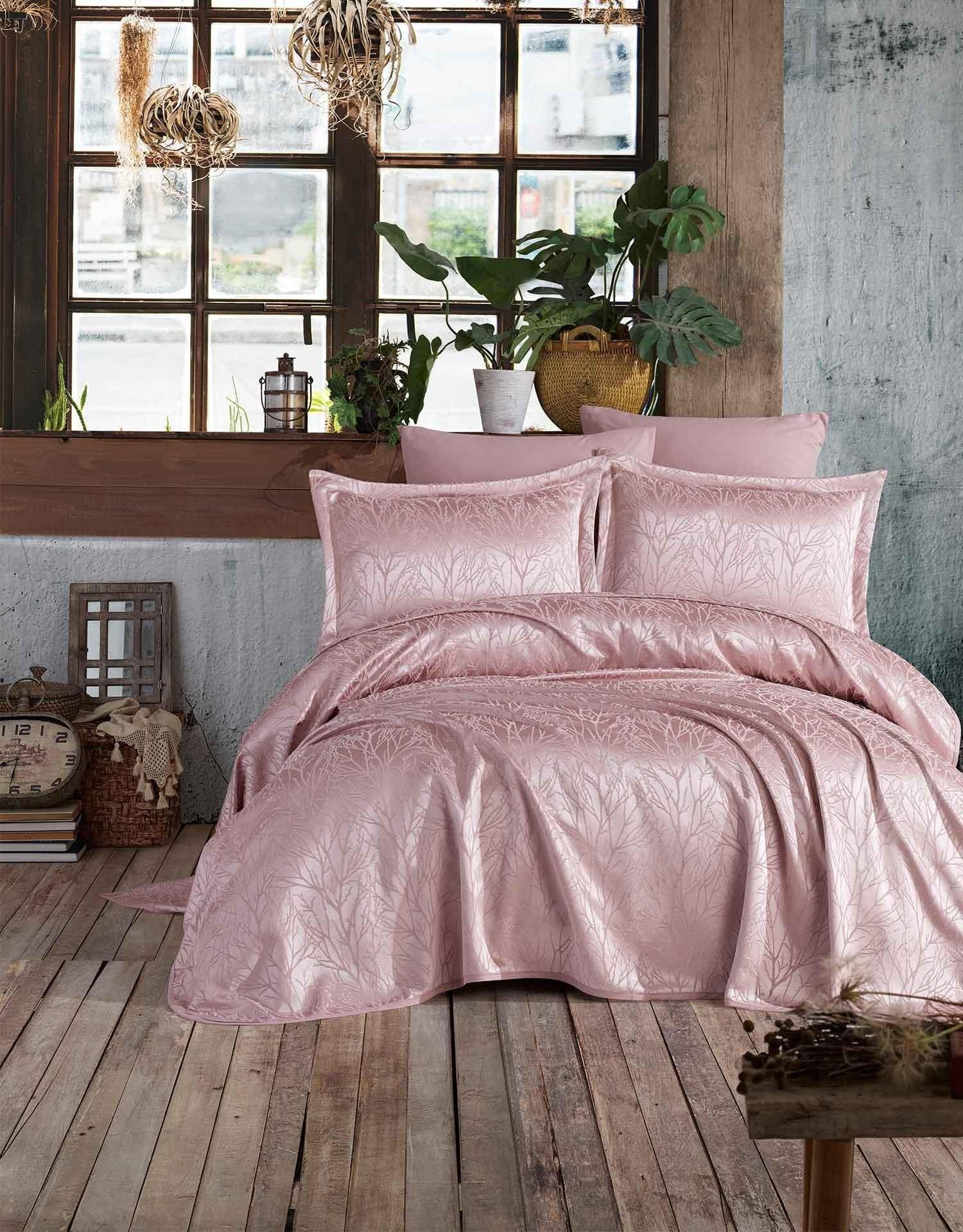 Yatak Örtüsü Takımı Çift Kişilik Jakar Şönil Kumaş Mucize Gülkurusu - Elart Home