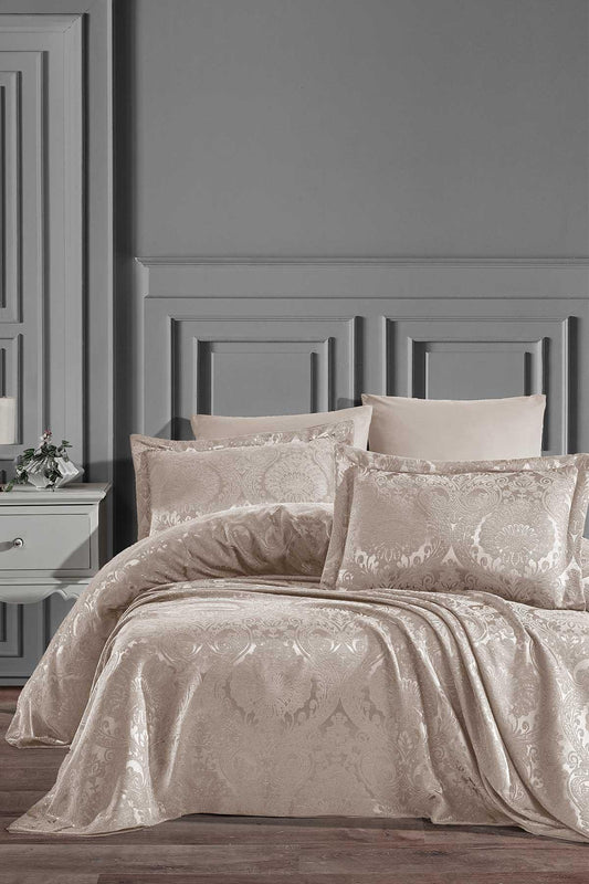 Yatak Örtüsü Takımı Çift Kişilik Şönil Kumaş Enora Ekru - Elart Home