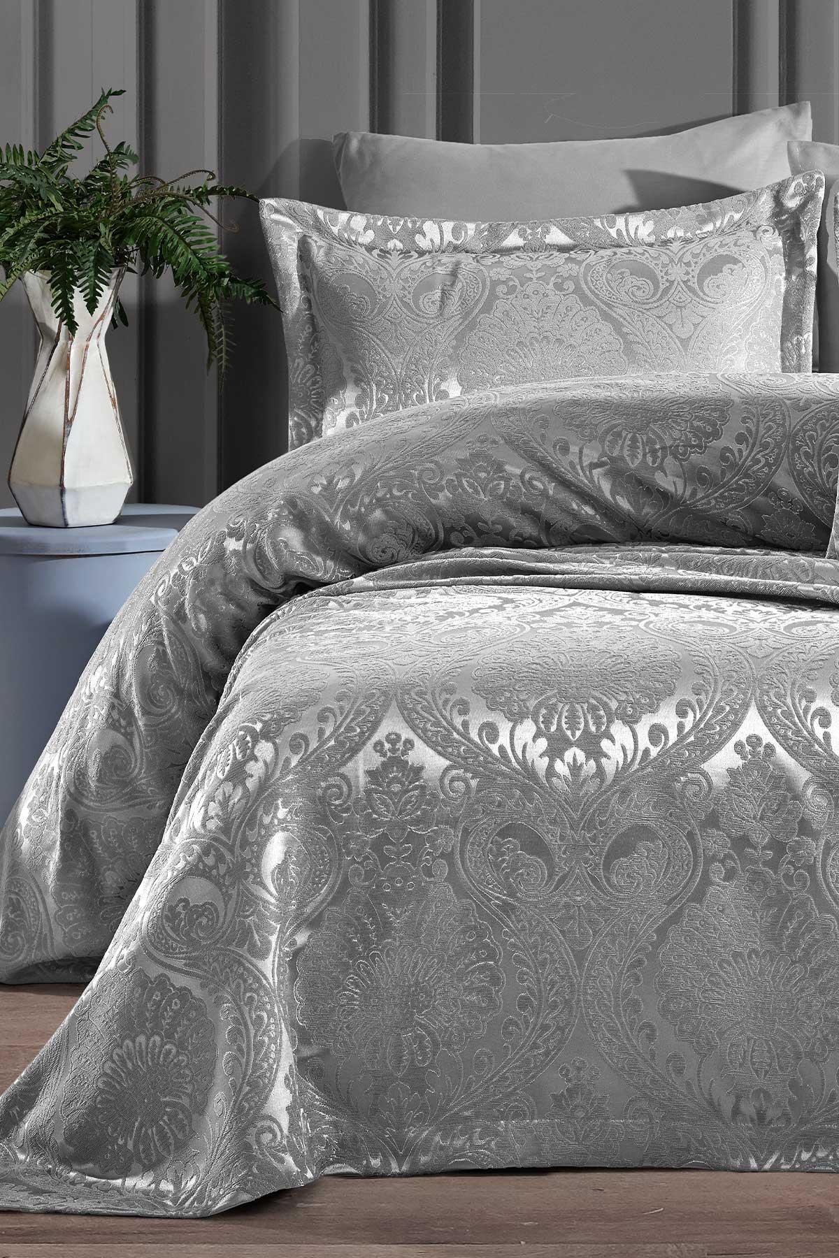 Yatak Örtüsü Takımı Çift Kişilik Şönil Kumaş Enora Gümüş - Elart Home