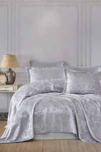 Yatak Örtüsü Takımı Çift Kişilik Şönil Kumaş Vintage Gümüş - Elart Home