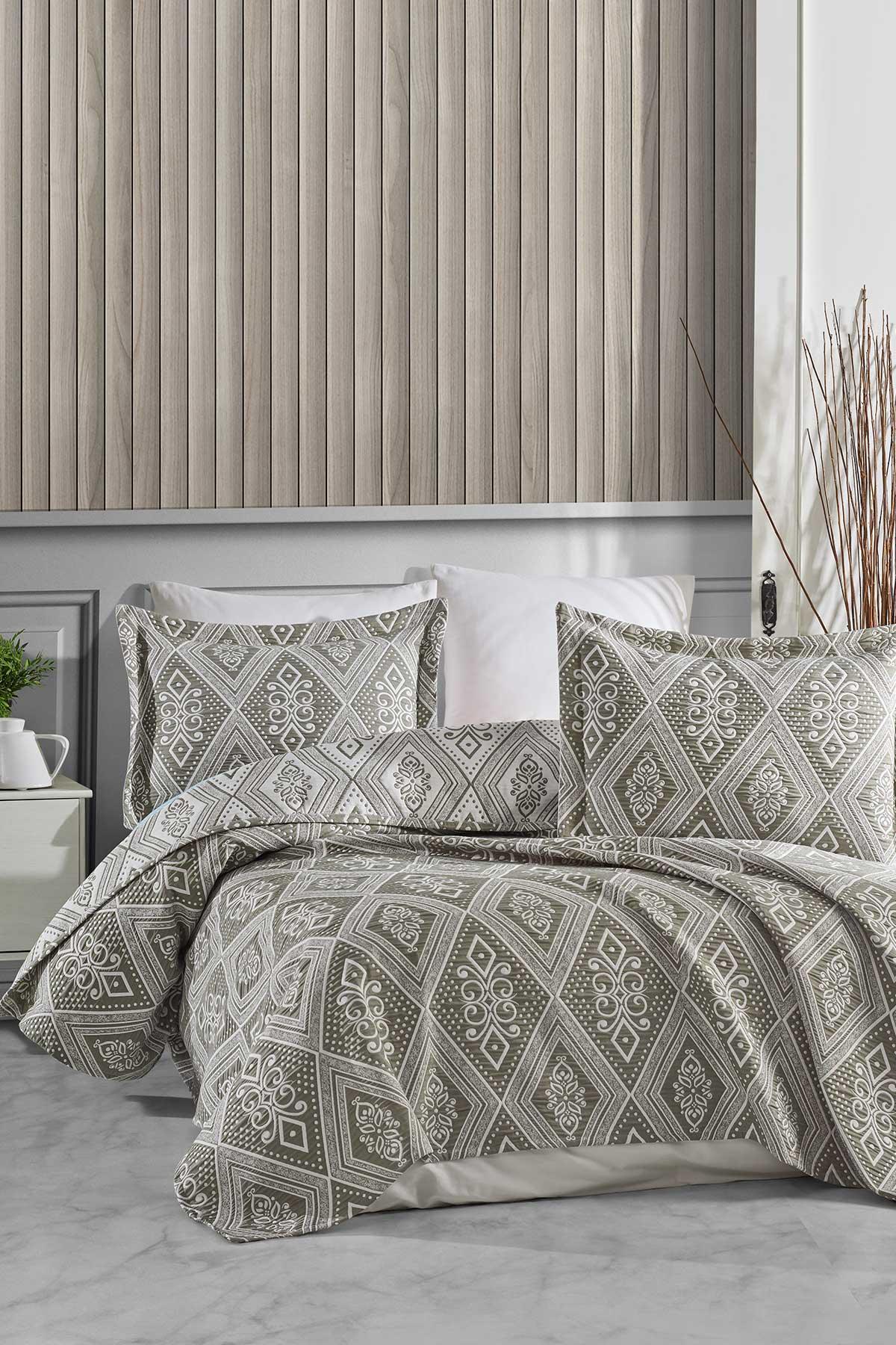 Yatak Örtüsü Takımı Tek Kişilik Pamuklu Krinkıl Bohem Haki - Elart Home