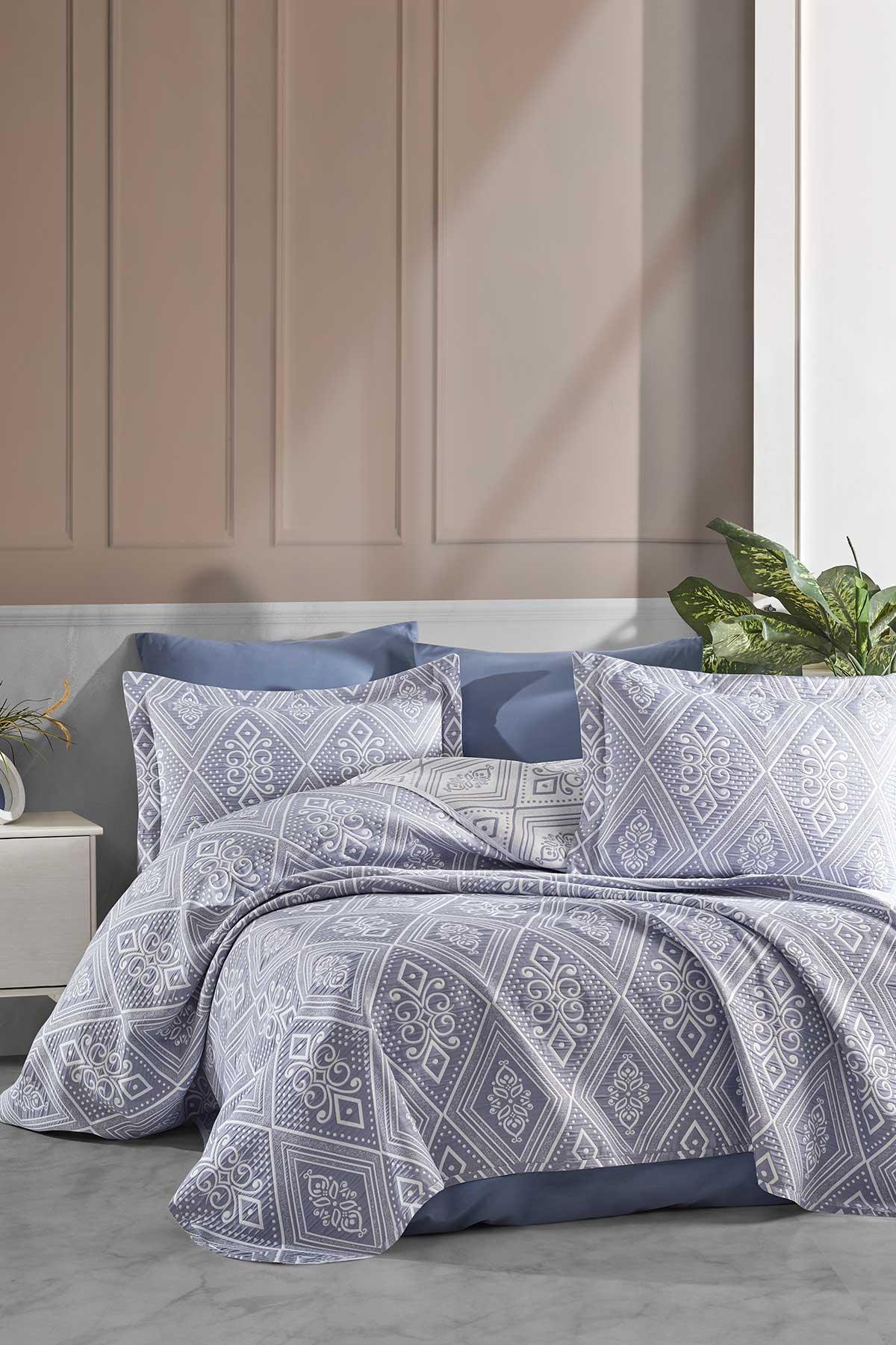 Yatak Örtüsü Takımı Tek Kişilik Pamuklu Krinkıl Bohem Mavi - Elart Home