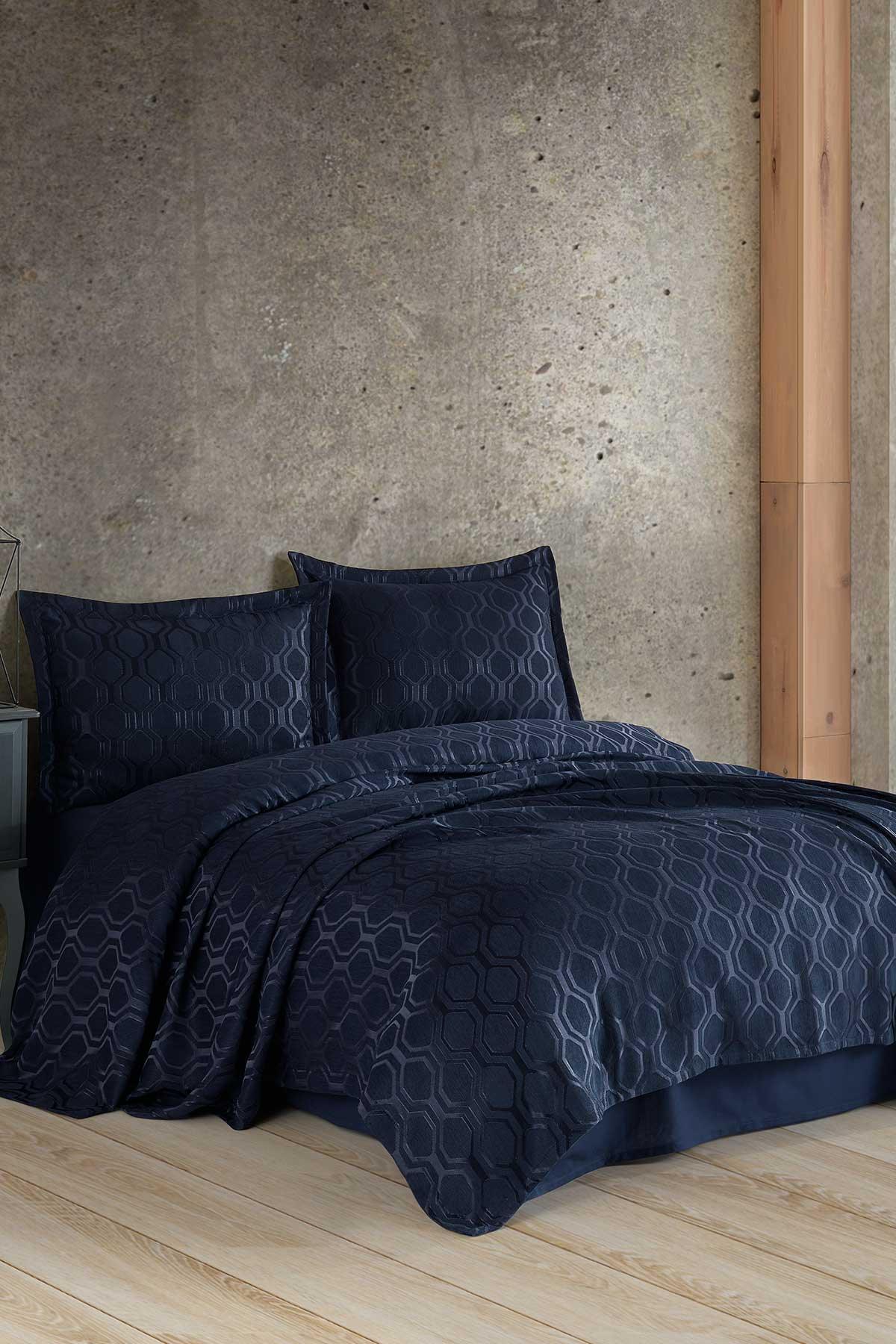 Yatak Örtüsü Takımı Tek Kişilik Şönil Kumaş Andrea Lacivert - Elart Home