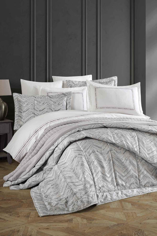 Çeyiz Paketi 10 Parça (yatak örtüsü+nevresim takımı+battaniye) Ambiyans Gümüş - Elart Home