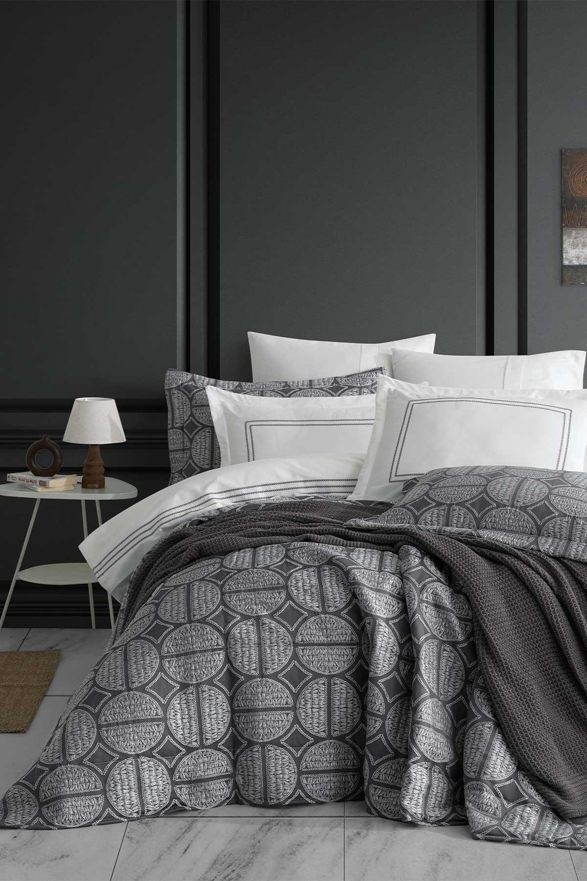Çeyiz Paketi 10 Parça (yatak örtüsü/pamuk saten nevresim takımı/battaniye) Linda Antrasit - Elart Home