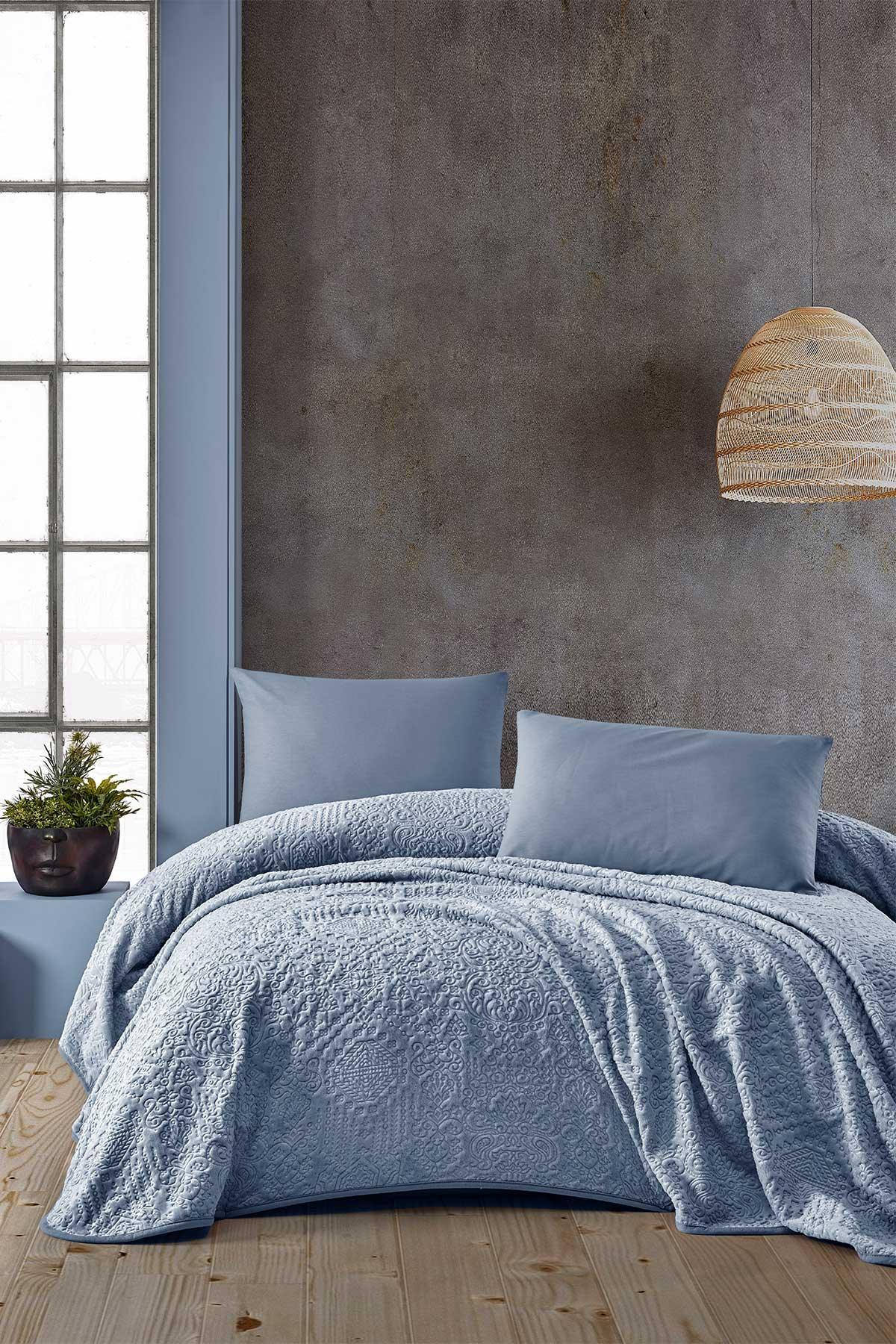 Embos Battaniye Etnik Desen Çift Kişilik Mavi 220x240cm - Elart Home