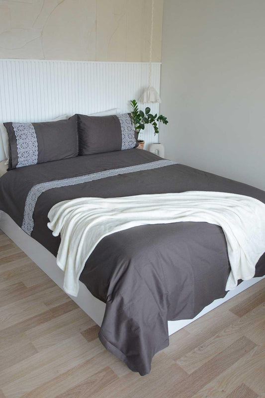 Nevresim Seti Çift Kişilik %100 Doğal Pamuk Dantelli 3 Parça Elsa Antrasit - Elart Home