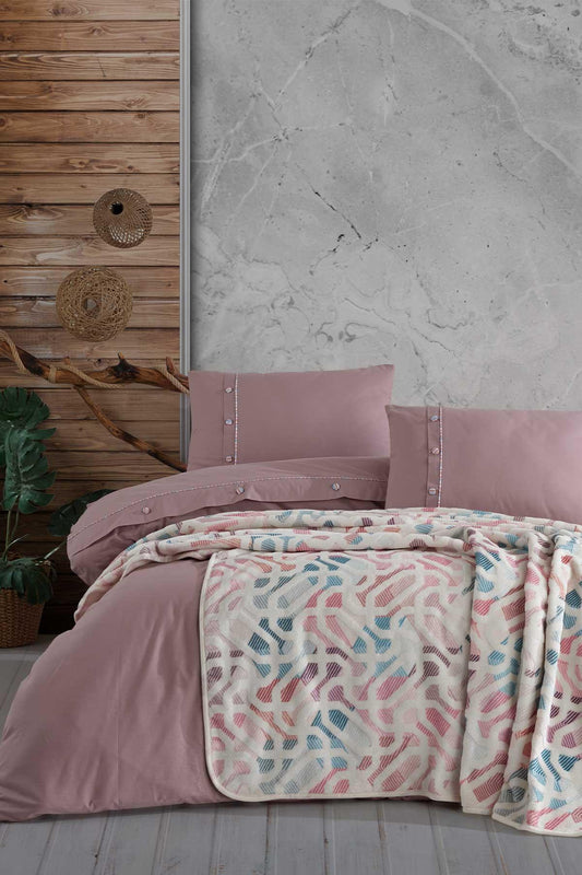 Pamuk Nevresimli Battaniye Seti 5 Parça Mila Gülkurusu - Elart Home